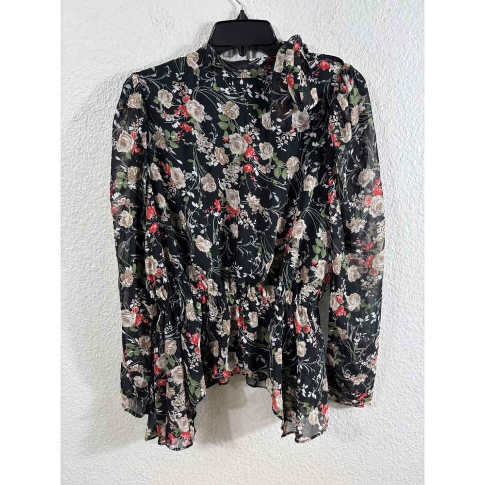 Lea & Viola Floral Peplum Blouse Womens Small Black Good Tie Neck Smocked‎ Waist